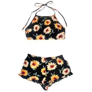 Reverse 2-Piece Coord Set Halter Crop Top Ruffle Shorts Black Yellow Size Small